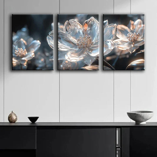 3pcs Abstract Charming Flower Blue & White Metal Print Ready to Hang Art