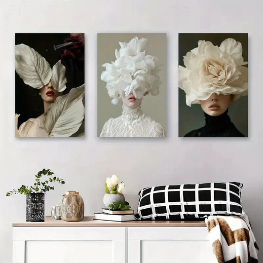 3pcs White Flower Fashion Portrait Abstract Metal Print Ready to Hang Art