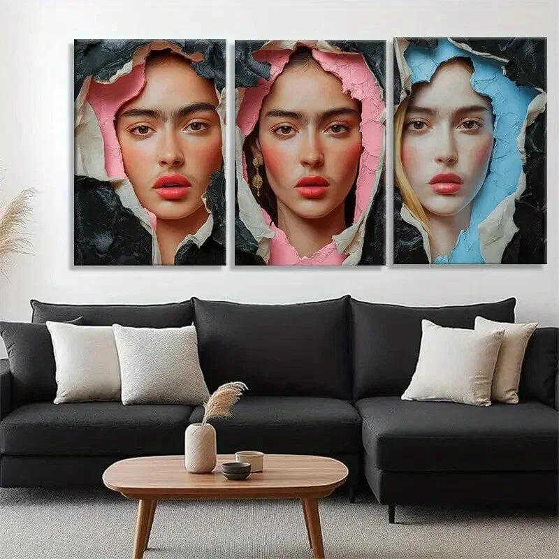 3pcs Elegant Female Faces Torn Paper Prefect Wall Art Set Canvas Framed 40x60cm - High Quality Print 100% Australian Made Wall Canvas Ready to Hang