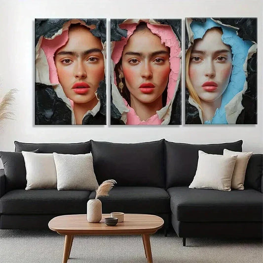 3pcs Elegant Female Faces Torn Paper Prefect Wall Art Set Canvas Framed 40x60cm - High Quality Print 100% Australian Made Wall Canvas Ready to Hang