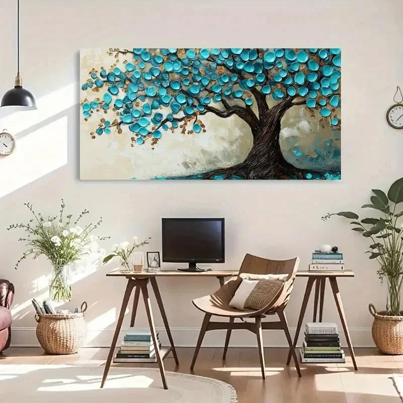 Abstract Teal Golden Leaf Tree Wall Art Canvas Office Home Room Framed 80x45cm
