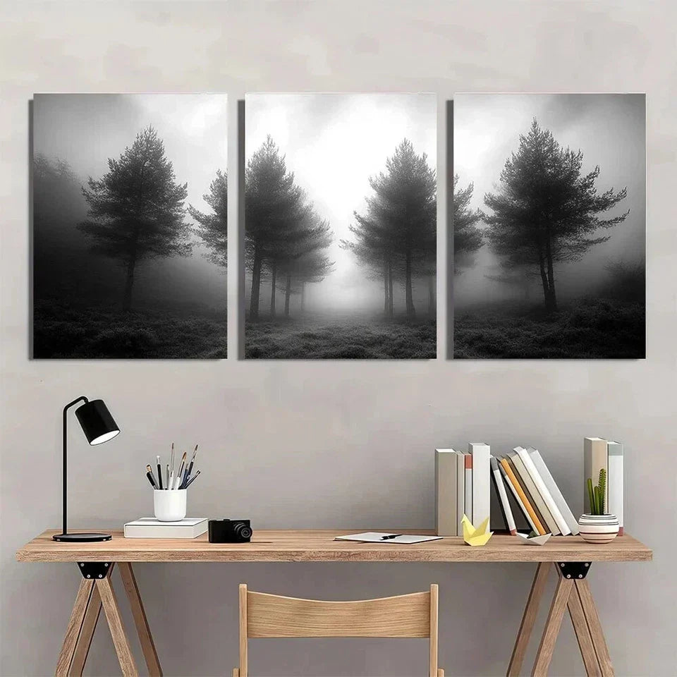 3pcs Misty Forest Trees in Foggy Metal Print Ready to Hang Art