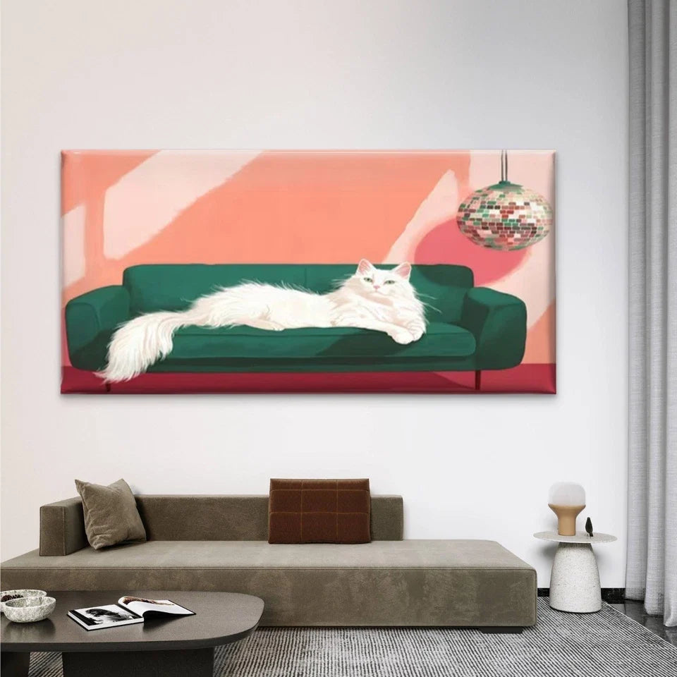 White Cat on Green Sofa Wall Art Canvas Office Home Room Framed 120x60cm