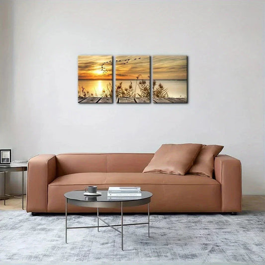 3pcs Lake Sunset Reeds Birds Flying Shore Dusk Metal Print Ready to Hang Art