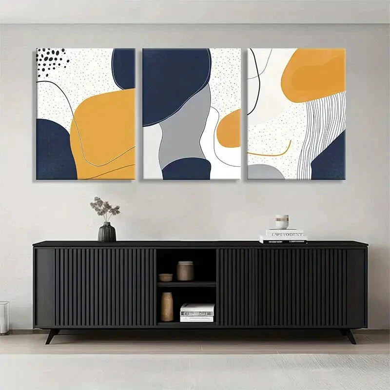 3pcs Geometric Shapes in Navy Mustard Perfect Wall Art Set Canvas Framed 40x60cm - High Quality Print 100% Australian Made Wall Canvas Ready to Hang