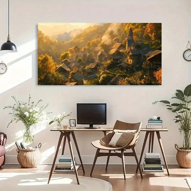 Countryside Trees Village Wall Art Canvas Office Home Room Framed 120x60cm