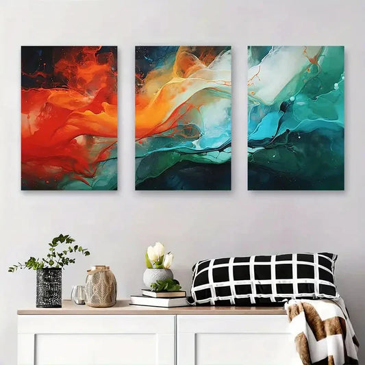 3pcs Vibrant Red, Blue & Green Swirl Design Metal Print Ready to Hang Art