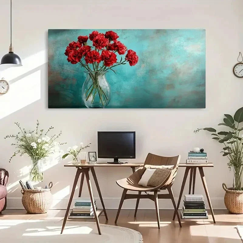 Red Flowers Vase Modern Deco Wall Art Canvas Office Home Room Framed 120x60cm