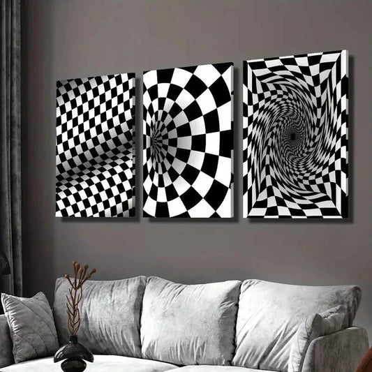 3pcs Black and White Optical Illusion Swirl Wall Art Set Canvas Framed 40x60cm - High Quality Print 100% Australian Made Wall Canvas Ready to Hang