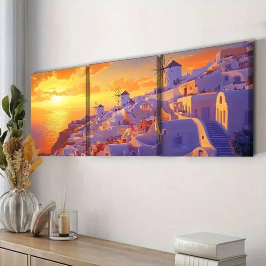 3pcs Beautiful Santorini Sunset View Perfect Wall Art Set Canvas Framed 40x60cm - High Quality Print 100% Australian Made Wall Canvas Ready to Hang