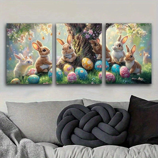 3pcs Big Trees Colourful Eggs Cute Bunnies Metal Print Ready to Hang Art