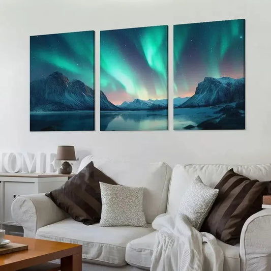 3pcs Decorative Northern Lights Above The Ocean Wall Art Set Canvas Framed 40x60cm - High Quality Print 100% Australian Made Wall Canvas Ready to Hang