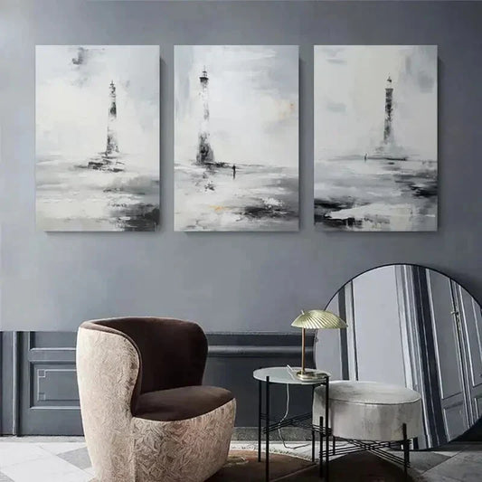 3pcs Abstract Lighthouse Art, Black and White Metal Print Ready to Hang Art