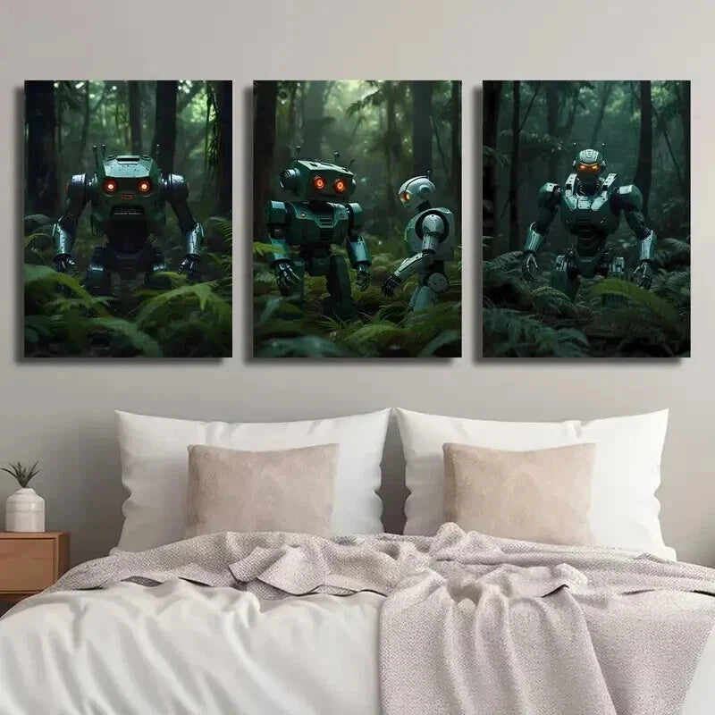 3pcs Futuristic Robots in the Forest Wall Art Set Canvas Framed 40x60cm - High Quality Print 100% Australian Made Wall Canvas Ready to Hang