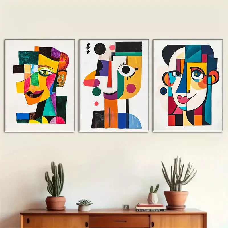 3pcs Vibrant Cubist-Style Face Triptych Wall Art Set Canvas Framed 40x60cm - High Quality Print 100% Australian Made Wall Canvas Ready to Hang