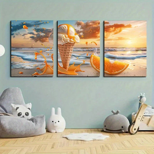 3pcs Vibrant Ice Cream and Citrus Beach Scene Metal Print Ready to Hang Art