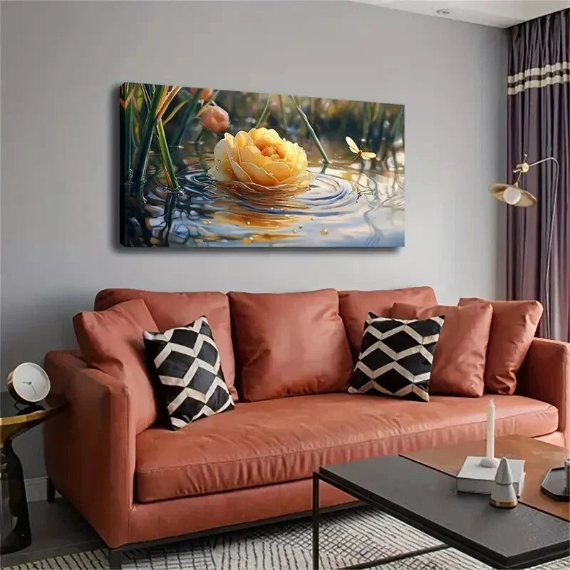 Yellow Rose Floating on Water Wall Art Canvas Office Home Room Framed 80x45cm