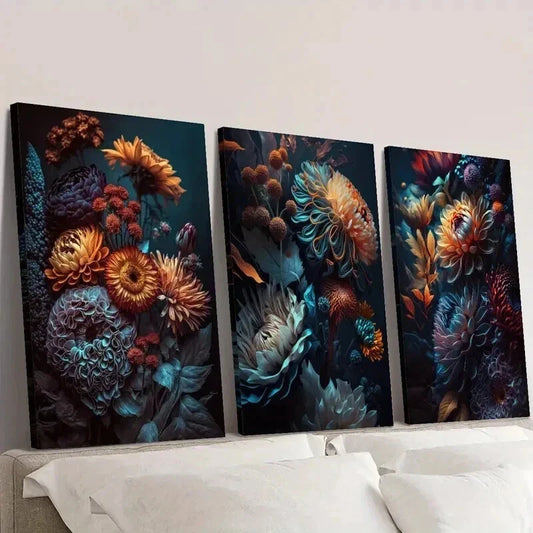 3pcs Colorful Retro Gorgeous Chrysanthemums Wall Art Set Canvas Framed 40x60cm - High Quality Print 100% Australian Made Wall Canvas Ready to Hang
