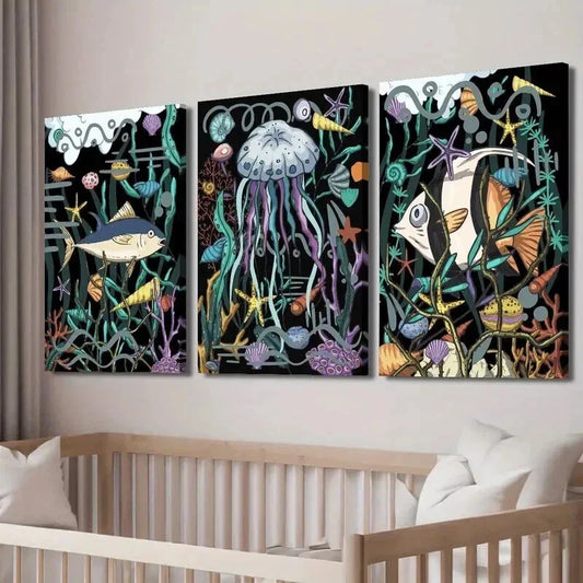 3pcs Cartoon Fish Jellyfish Shells And Corals Wall Art Set Canvas Framed 40x60cm - High Quality Print 100% Australian Made Wall Canvas Ready to Hang