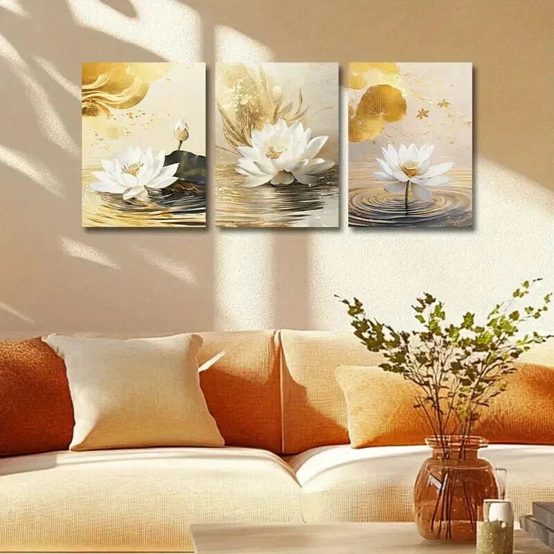 3pcs Decoration Luxurious Lotus Flower Wall Art Set Canvas Framed 40x60cm - High Quality Print 100% Australian Made Wall Canvas Ready to Hang