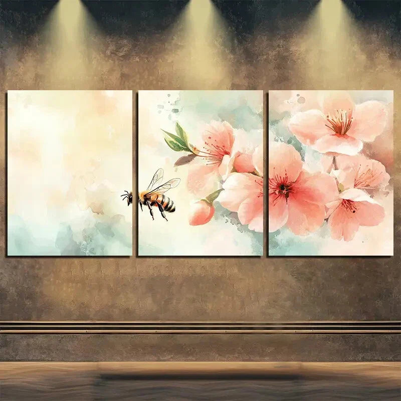 3pcs Vibrant Watercolor Bee & Flower Perfect Wall Art Set Canvas Framed 40x60cm - High Quality Print 100% Australian Made Wall Canvas Ready to Hang