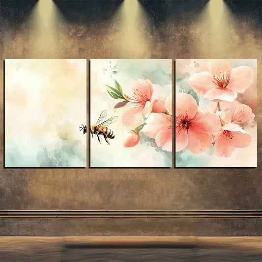 3pcs Vibrant Watercolor Bee & Flower Perfect Wall Art Set Canvas Framed 40x60cm - High Quality Print 100% Australian Made Wall Canvas Ready to Hang