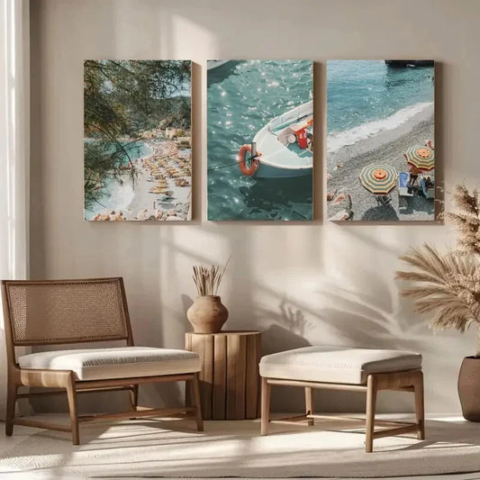 3pcs Amalfi Beach Beach Umbrella Metal Print Ready to Hang Art