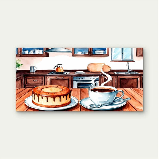 Cozy Kitchen Watercolour Cake Coffee Wall Art Canvas Office Home Framed 80x45cm