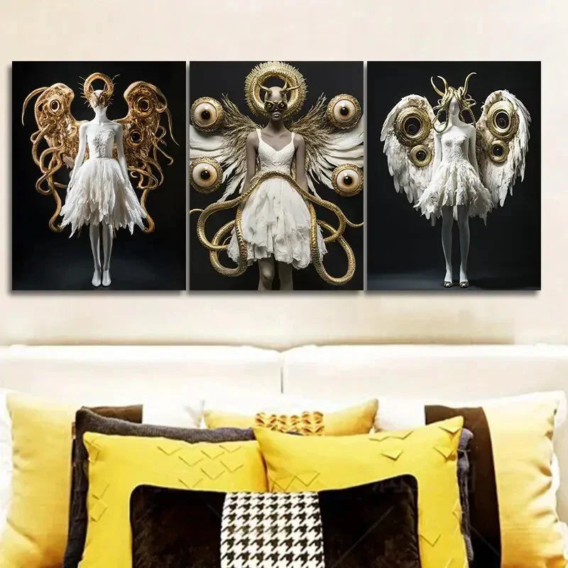 3pcs Featuring Golden Wings, Perfect Metal Print Ready to Hang Art