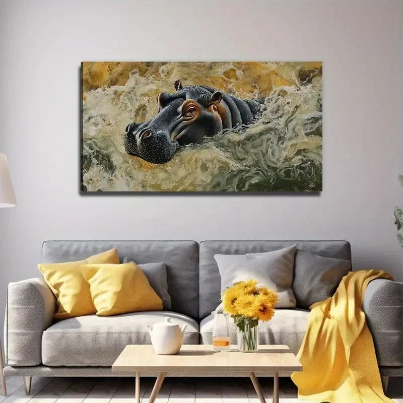A Big Hippo Hall Suitable Wall Art Canvas Office Home Room Framed 120x60cm