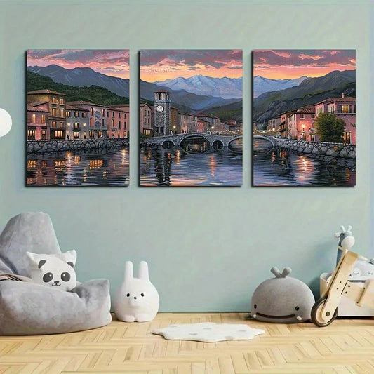 3pcs Pine Tree & European Town Sunset Metal Print Ready to Hang Art