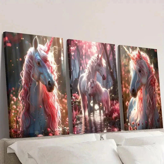 3pcs Pink Hair Unicorn Fantasy Illustration Wall Art Set Canvas Framed 40x60cm - High Quality Print 100% Australian Made Wall Canvas Ready to Hang