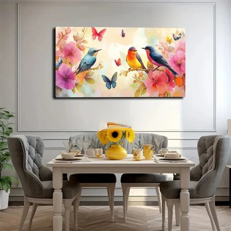 Vibrant Three Birds Perched Wall Art Canvas Office Home Room Framed 120x60cm
