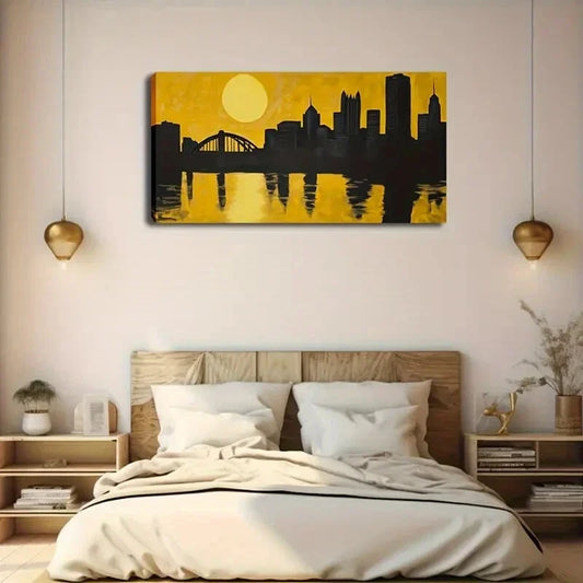 Silhouette Buildings & Golden Wall Art Canvas Office Home Room Framed 120x60cm