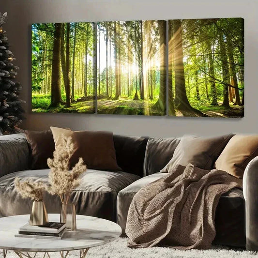 3pcs Green Sunlight Shines Through The Trees Wall Art Set Canvas Framed 40x60cm - High Quality Print 100% Australian Made Wall Canvas Ready to Hang