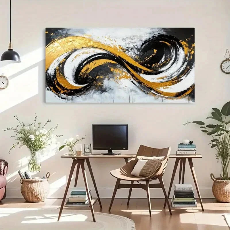 Bold Black White Golden Swirls Wall Art Canvas Office Home Room Framed 120x60cm