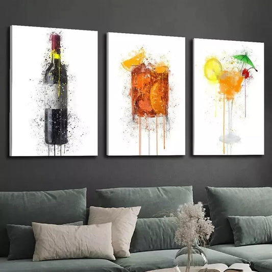 3pcs Modern Vibrant Wine Colorful Wine Glass Wall Art Set Canvas Framed 40x60cm - High Quality Print 100% Australian Made Wall Canvas Ready to Hang