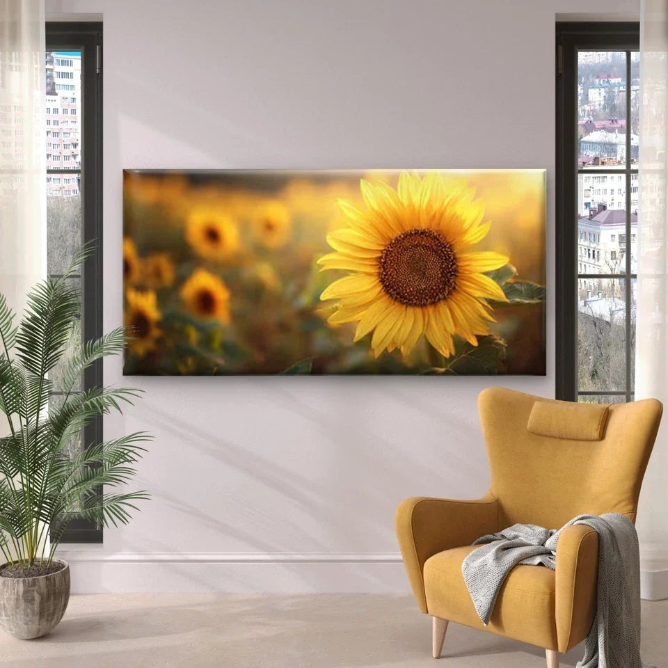 Sunflower Golden Sunshine Wall Art Canvas Office Home Room Framed 80x45cm