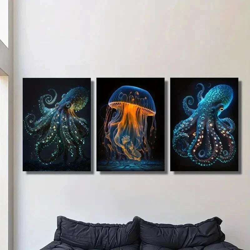 3pcs Glowing Octopus Jellyfish Illustration Wall Art Set Canvas Framed 40x60cm - High Quality Print 100% Australian Made Wall Canvas Ready to Hang
