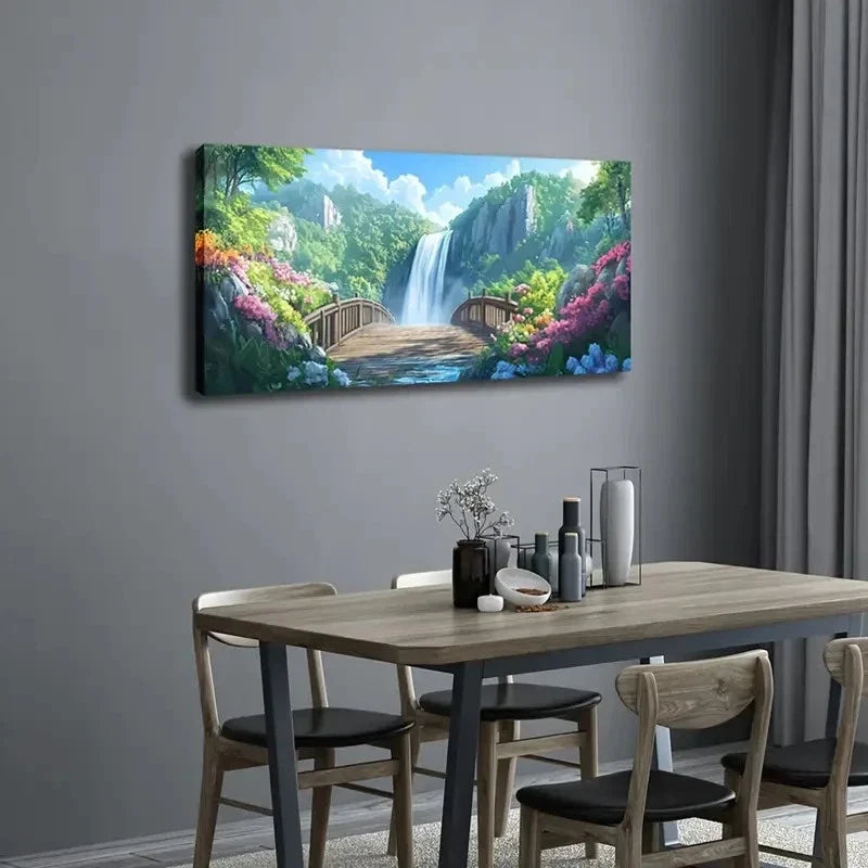 Flowing Waterfall And Stone Wall Art Canvas Office Home Room Framed 80x45cm