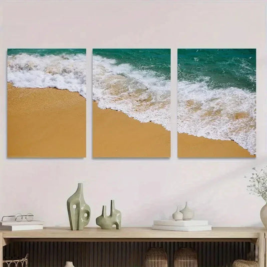 3pcs Beach Wave Triptych Sandy Shoreline Metal Print Ready to Hang Art