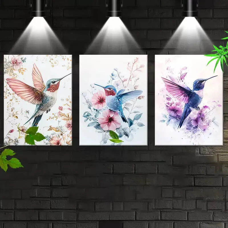 3pcs Colorful Plants And Hummingbird Flying Wall Art Set Canvas Framed 40x60cm - High Quality Print 100% Australian Made Wall Canvas Ready to Hang