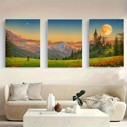 3pcs A Fantasy Landscape Featuring a Castle Metal Print Ready to Hang Art