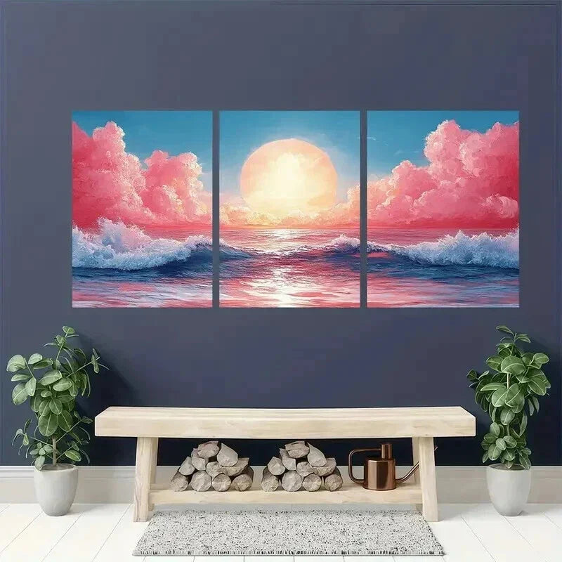 3pcs Ocean Waves Sunset & Pink Clouds Wall Art Set Canvas Framed 40x60cm - High Quality Print 100% Australian Made Wall Canvas Ready to Hang