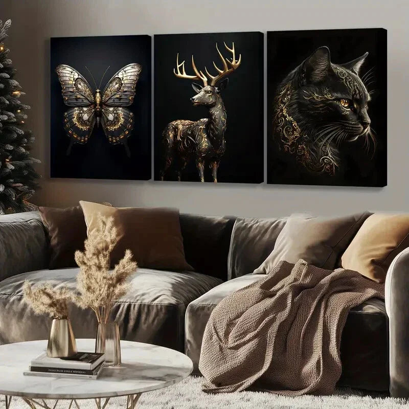 3pcs Animal Butterfly Cat Gold Black Modern Deer Wall Art Set Canvas Framed 40x60cm - High Quality Print 100% Australian Made Wall Canvas Ready to Hang