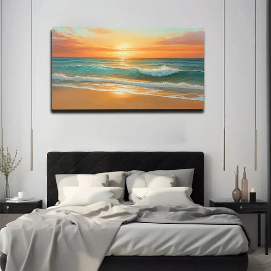 Serene Beach Sunset Wall Art Canvas Office Home Room Framed 80x45cm