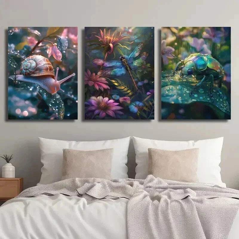 3pcs Insect Snails Beetles and & Floral Design Wall Art Set Canvas Framed 40x60cm - High Quality Print 100% Australian Made Wall Canvas Ready to Hang