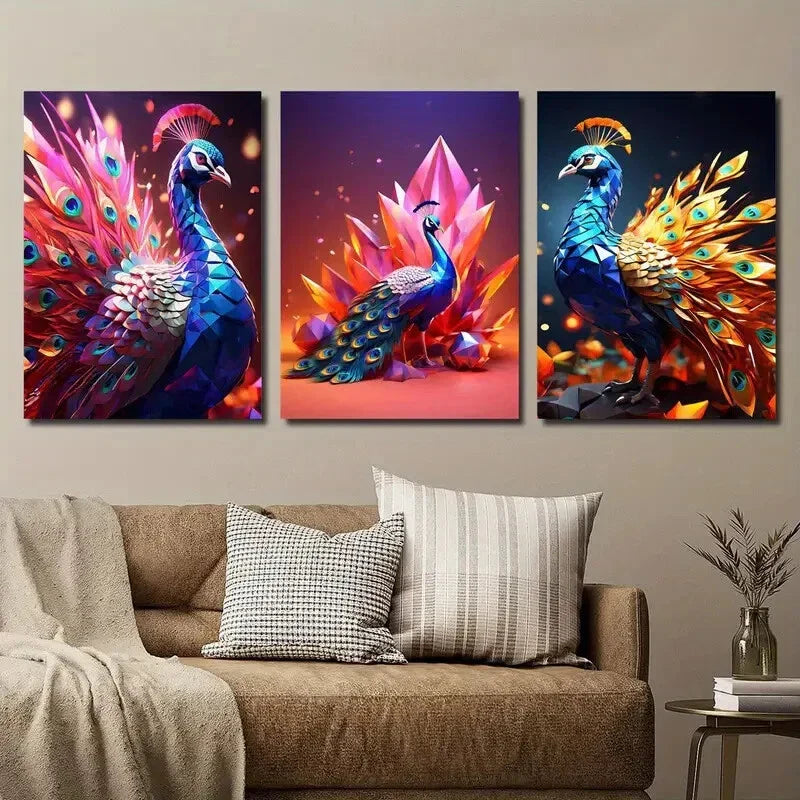3pcs Vibrant Peacock Decor Wall Art Set Canvas Framed 40x60cm - High Quality Print 100% Australian Made Wall Canvas Ready to Hang