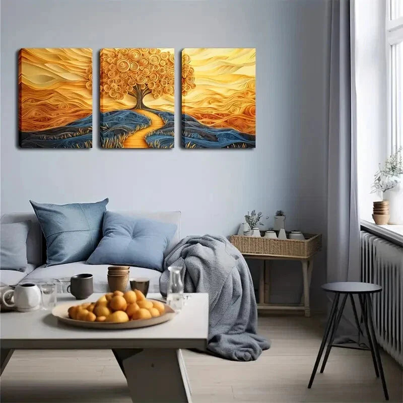 3pcs Golden Tree & Sunset Landscape Wall Art Set Canvas Framed 40x60cm - High Quality Print 100% Australian Made Wall Canvas Ready to Hang