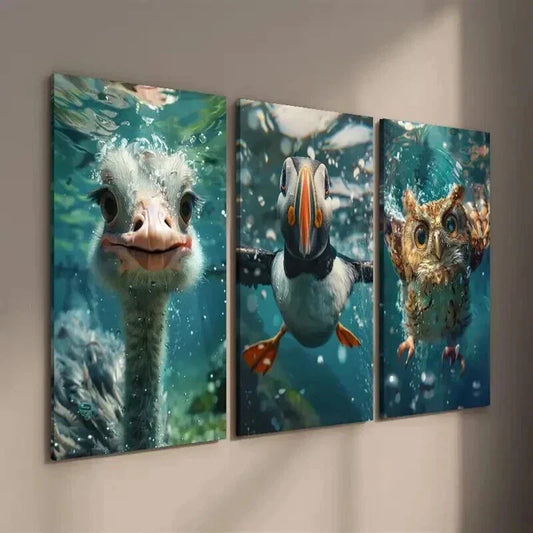 3pcs Ostrich Atlantic Puffin & Owl Underwater Wall Art Set Canvas Framed 40x60cm - High Quality Print 100% Australian Made Wall Canvas Ready to Hang